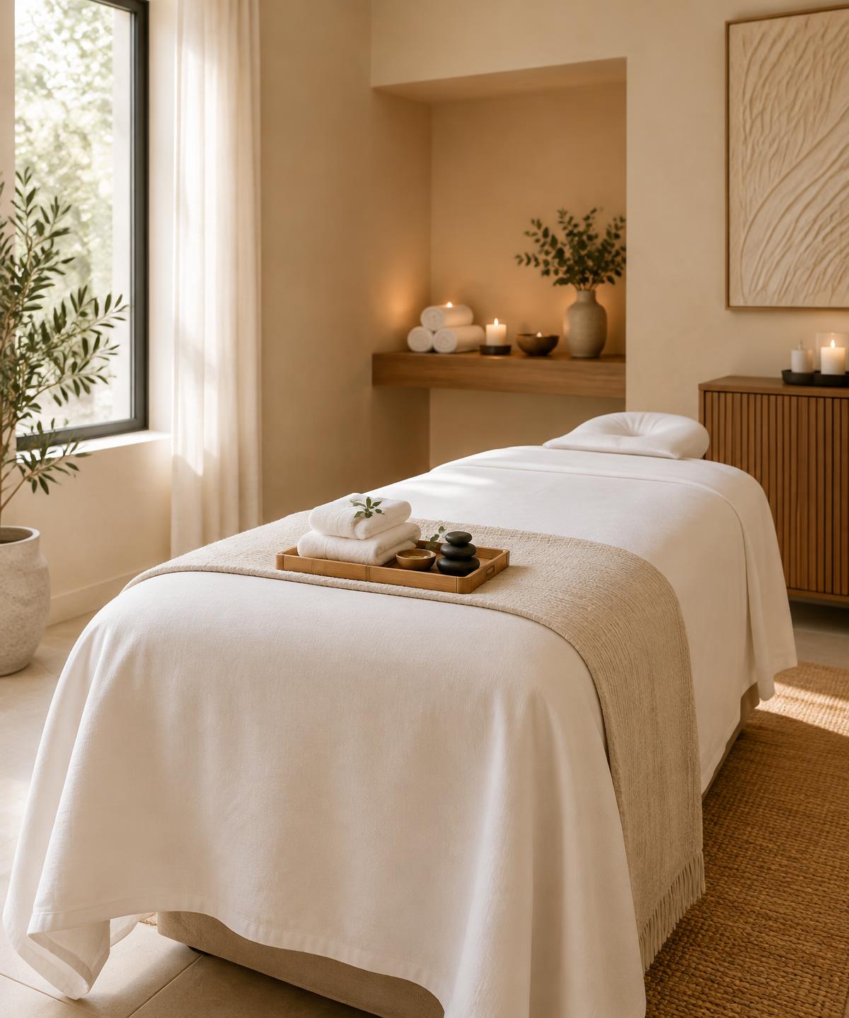 A clean, calming massage room with fresh linens